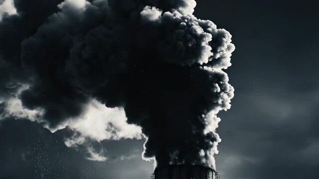 Video Dark emission smoke stack effect with thick ascending motion for energy production storytelling, pollution awareness media, and conceptual industrial visuals.