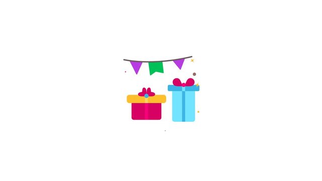Festive animated illustration featuring decorated gift boxes and colorful garlands against a white background