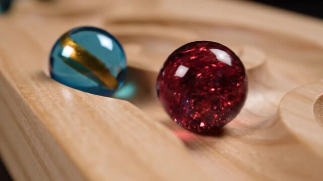 Colorful glass marbles roll smoothly across a wooden maze in a playful and vibrant close up motion clip