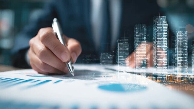 Architectural Insights: A skilled hand meticulously analyzes financial charts and blueprints, symbolizing the intricate planning and development of architectural projects.