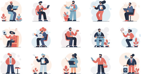 Fototapeta premium Diverse individuals engaged in various tasks with electronic devices and everyday objects
