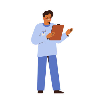 Young male doctor in blue uniform and glasses explaining and pointing with the hand. Healthcare worker talking and holding medical card. Flat vector illustration