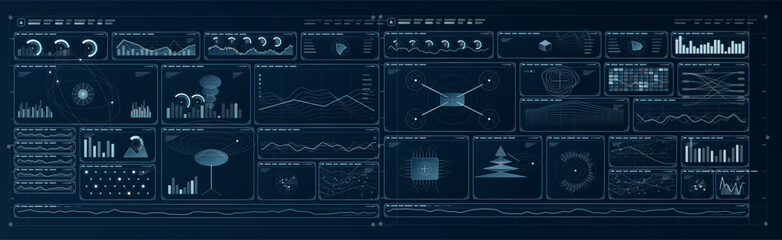 Futuristic dark dashboard interface set with analytics panels, charts, gauges, network diagrams, radar modules, and data widgets for HUD, monitoring, control, and UI design systems.