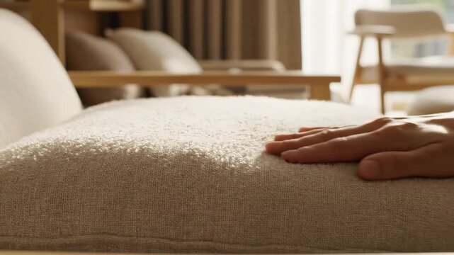 Video of sofa cushion adjust with fabric fluff motion in cozy living room scene, home comfort concept, modern interior lifestyle background and domestic relaxation theme.