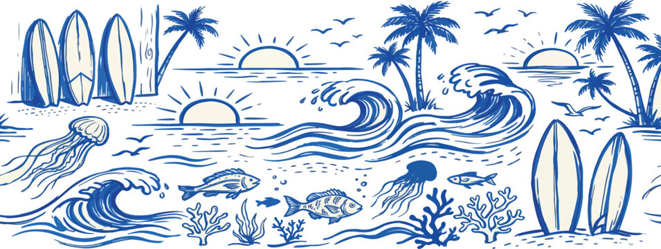 Hand drawn doodle beach, wave and surf vector drawing set. Tropical coastal illustrations like palm trees, waves, surfboards, and sun perfect for summer designs, t-shirts prints, posters, and placards