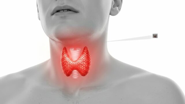 Human body anatomy, thyroid gland showing disease, symptoms, pain, endocrine system disorder, health problem, medical research, diagnosis, patient treatment