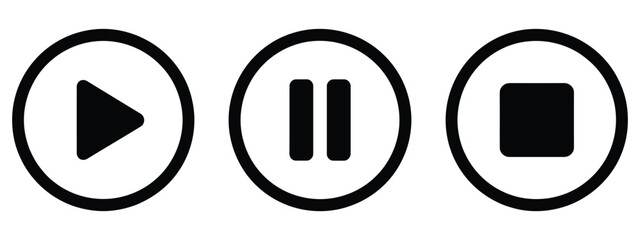Play, pause, and stop buttons icon set featuring media control symbols, audio and video playback interface elements, modern flat vector illustration © welcome  saiful  
