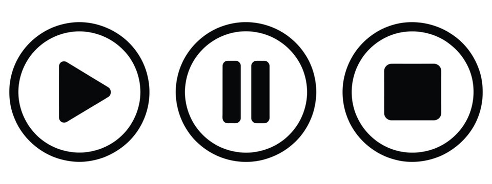 Play, pause, and stop buttons icon set featuring media control symbols, audio and video playback interface elements, modern flat vector illustration