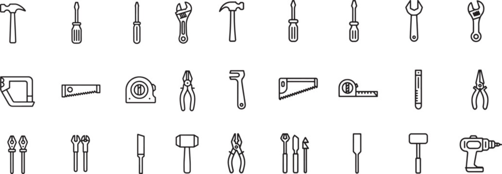Collection of hand tools and hardware icons for repair and construction