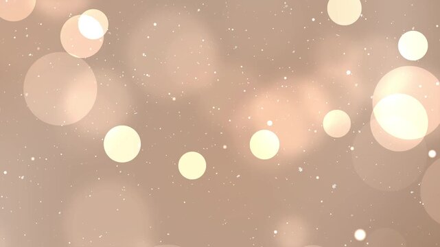 Abstract warm brown bokeh background with soft floating light spheres and shimmering white particles on elegant tan gradient for professional luxury branding and neutral motion graphics.