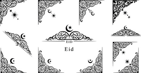 Elegant Eid ul-Fitr decorative corner motif illustration featuring crescent moons, stars, floral swirls, and “Eid” text in ornate black-and-white festive artwork design. © MDSHISHIRHASAN