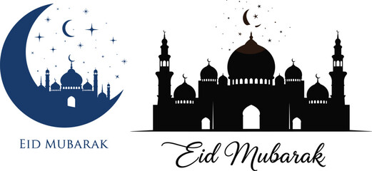 Elegant Eid ul-Fitr greeting illustration featuring crescent moon with mosque silhouette, stars, and “Eid Mubarak” text in festive Islamic decorative artwork design. © MDSHISHIRHASAN