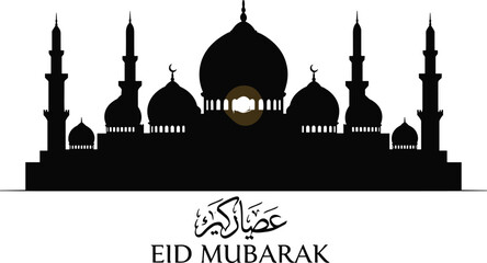 Elegant Eid ul-Fitr greeting illustration featuring Islamic mosque silhouette with domes, minarets, crescent moon, star, and “Eid Mubarak” text in festive artwork design. © MDSHISHIRHASAN