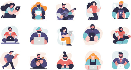 Fototapeta premium Diverse people engage in various activities, from digital interaction to musical pursuits