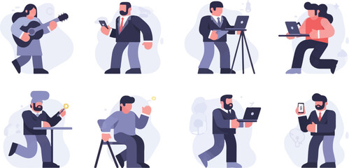 Fototapeta premium Diverse people engage in various activities music, tech, cooking, and communication