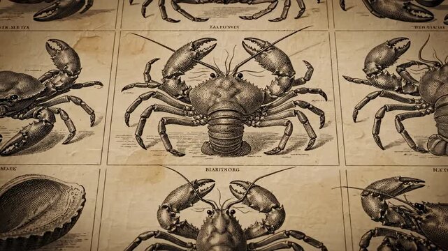 Vintage Marine Etching Collection \'97 classic scientific-style illustrations of crab, lobster, and assorted shellfish rendered in monochrome engraved line art, arranged in a balanced grid layout