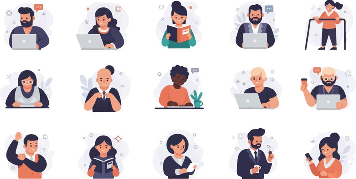 Diverse people engage in various activities like working, reading, and exercising