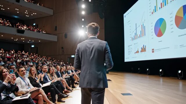 Male speaker presenting financial data and pie charts on a large screen during a corporate business event