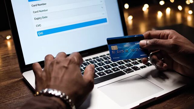 African american man hands holding credit card and using laptop for online shopping