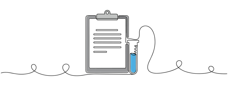 Medical clipboard linked to test tube by continuous line. no editable strokes