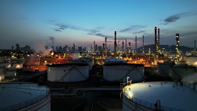 Large oil refinery industrial plant with storage tanks and smoking chimneys during evening twilight