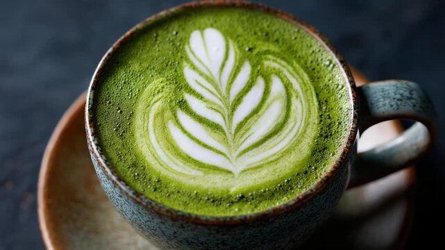 Matcha Latte Art: A close-up shot of a meticulously crafted matcha latte, showcasing delicate latte art that blooms atop the vibrant green beverage