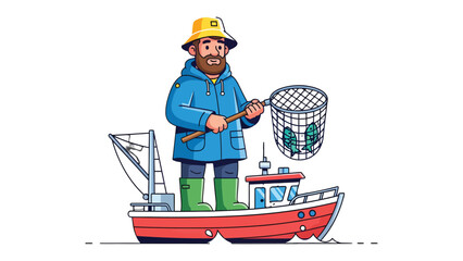 Fishing Expedition: An illustrated fisherman stands on his boat, casting a fishing net into the water, and capturing the essence of the sea and the catch. © abidakhatun
