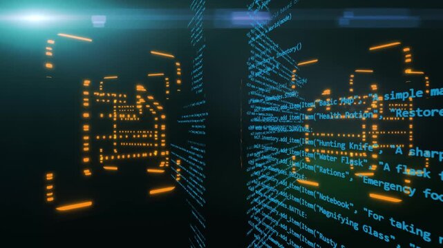 Abstract 3D rendering of digital data processing with blue computer code and orange glowing folder icons representing cloud storage