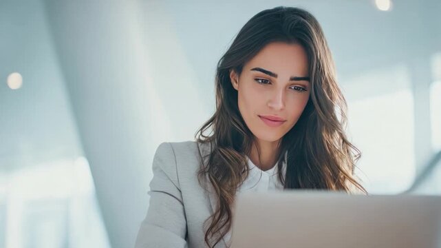 Focused Professional at Work: A sophisticated professional woman, fully engrossed in her tasks, works diligently on a laptop in a modern and professional workspace.
