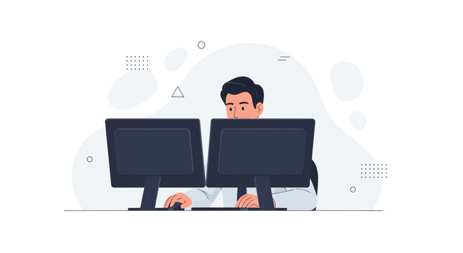 Man working on dual computer monitors in a modern office with abstract background