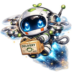 Fototapeta premium chibi delivery robot with package, cute delivery robot illustration, kawaii robot courier art, adorable chibi robot holding box, cartoon delivery robot mascot, futuristic robot courier graphic, playfu