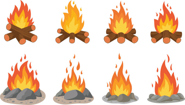 Bonfire and campfire vector set with wood logs and stones, burning fire flames for outdoor camping
