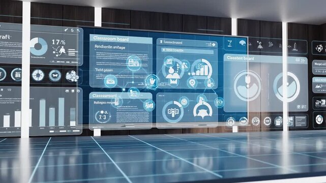 This video showcases a virtual learning environment with animated classroom board, remote teaching theme, educational technology interface, and professional streaming backdrop.