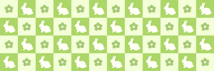 Naklejka premium Easter Checkerboard Seamless Pattern with Bunny and Flowers. Pastel green checkered background. Plaid pattern print for wrapping paper. Simple design rabbit. Vector illustration wallpaper