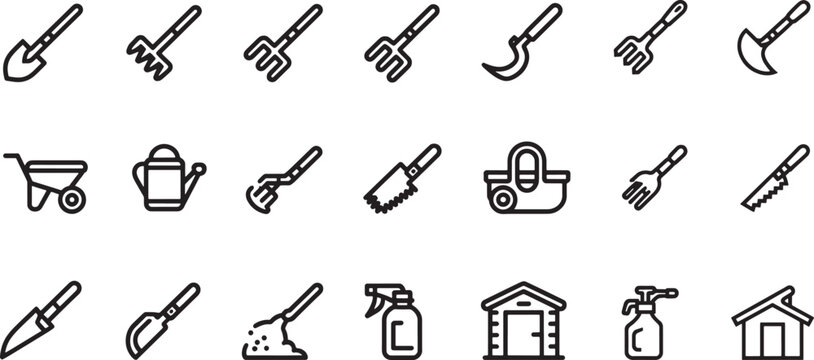 Farm and garden tools line icons for agriculture planting and cultivation vector set