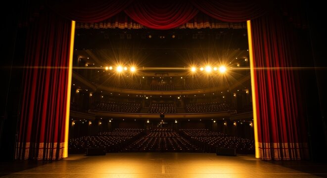 Empty theater auditorium seen from the stage between red curtains and glowing spotlights, creating a dramatic elegant interior for performance, opera, and entertainment themes. Generative AI.