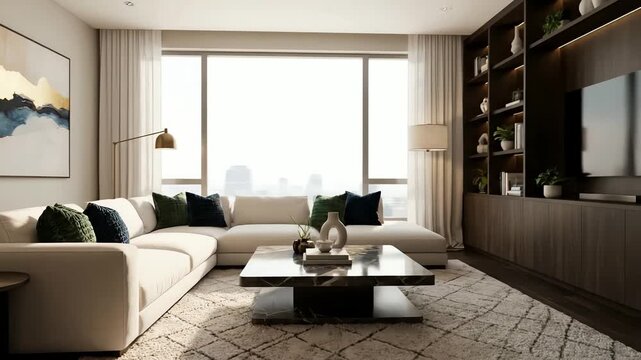 Modern living room with white sofa.