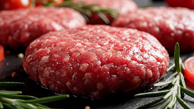 Video of Raw Burger Meat Arrangement in modern kitchen setting highlighting culinary craftsmanship, barbecue preparation theme and premium food presentation for digital content; slow push-in toward