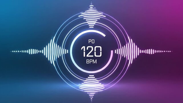 This video showcases a 120 BPM rhythmic pulse timer with synchronized beat animation, electronic music tempo display, studio production visual, and dynamic loopable background for multimedia projects.