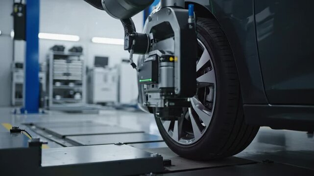 Video of a computerized wheel alignment station projecting laser calibration lines in a clean service bay environment, automotive diagnostics and precision engineering background for commercial use.