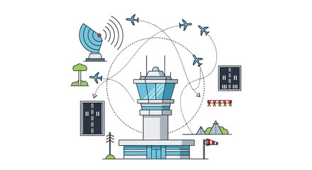 Fototapeta premium Illustration of an air traffic control tower with radar systems and communication equipment, surrounded by planes and navigation symbols, depicting aviation management and airport