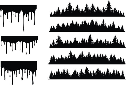 Collection of black silhouettes of dripping paint and pine tree forest landscapes