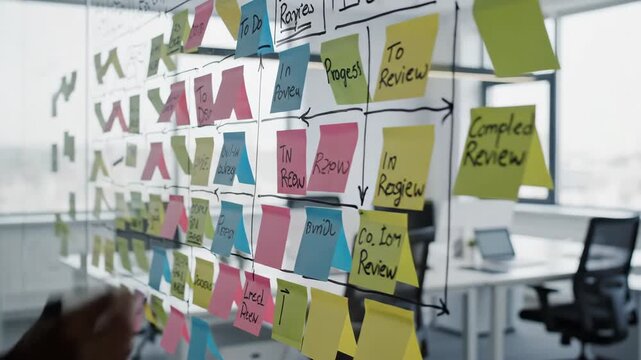 Video of team strategy board with sticky notes layout in modern workspace, business planning concept, project management, workflow organization and startup brainstorming visual for corporate branding.