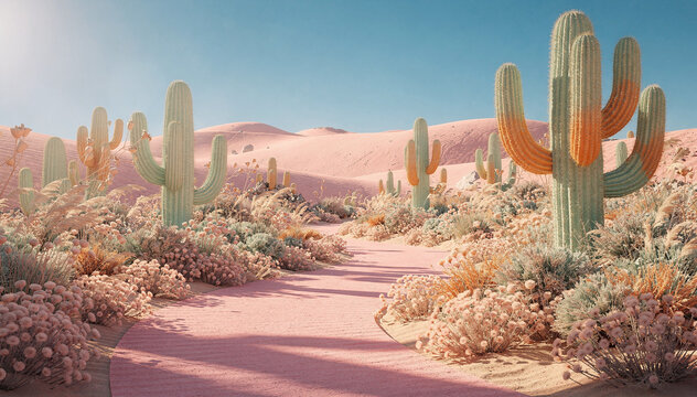 Vibrant pink desert landscape with towering cactus plants, soft pastel tones, and surreal desert flora under a clear blue sky, evoking a dreamlike natural beauty