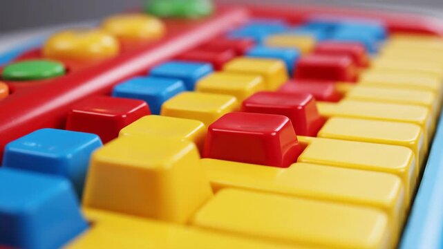 Video of colorful mini keyboard instrument in close detail with dynamic key movement, fun music toy aesthetic for childhood creativity theme, bold red, blue and yellow keys activating one by one,