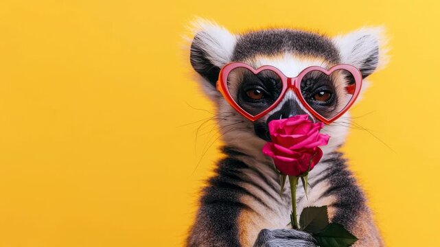 Cute lemur with heart glasses and a rose against a bright yellow backdrop
