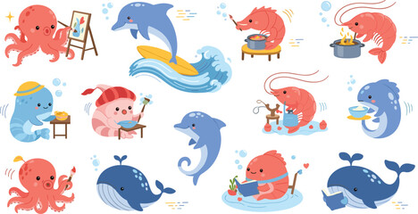 Cute ocean animal characters doing daily activities illustration set featuring octopus painting, dolphin surfing, shrimp cooking, whale reading and playful marine lifestyle cartoon vector collection © Shefali