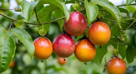Vibrant tropical fruits hanging from lush green tree branches