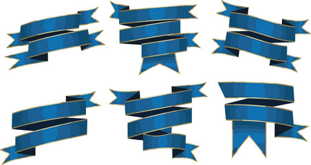 Fototapeta premium Set of six elegant blue decorative ribbon banner vector templates with gold outlines, curved folds, and unique shapes for graphic design