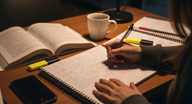 A person studying at a desk with an open book, notebook, and coffee cup, illuminated by a warm desk lamp